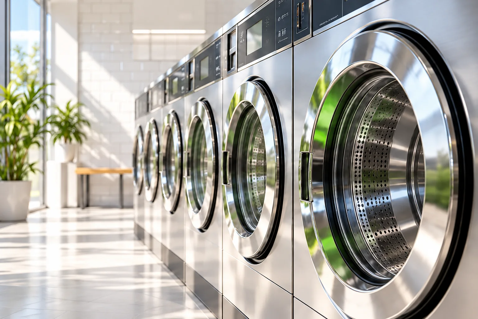 Illustrative view of bright, modern laundry machines